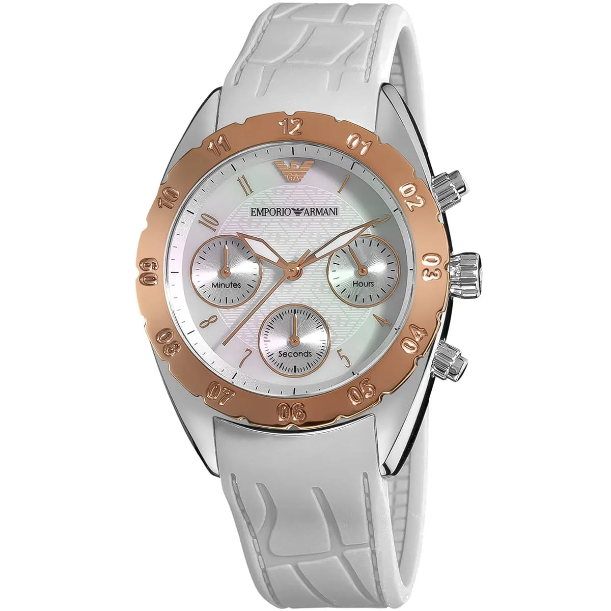 Emporio Armani AR5938 watch angled view showing white dial, rose gold bezel, and three chronograph subdials