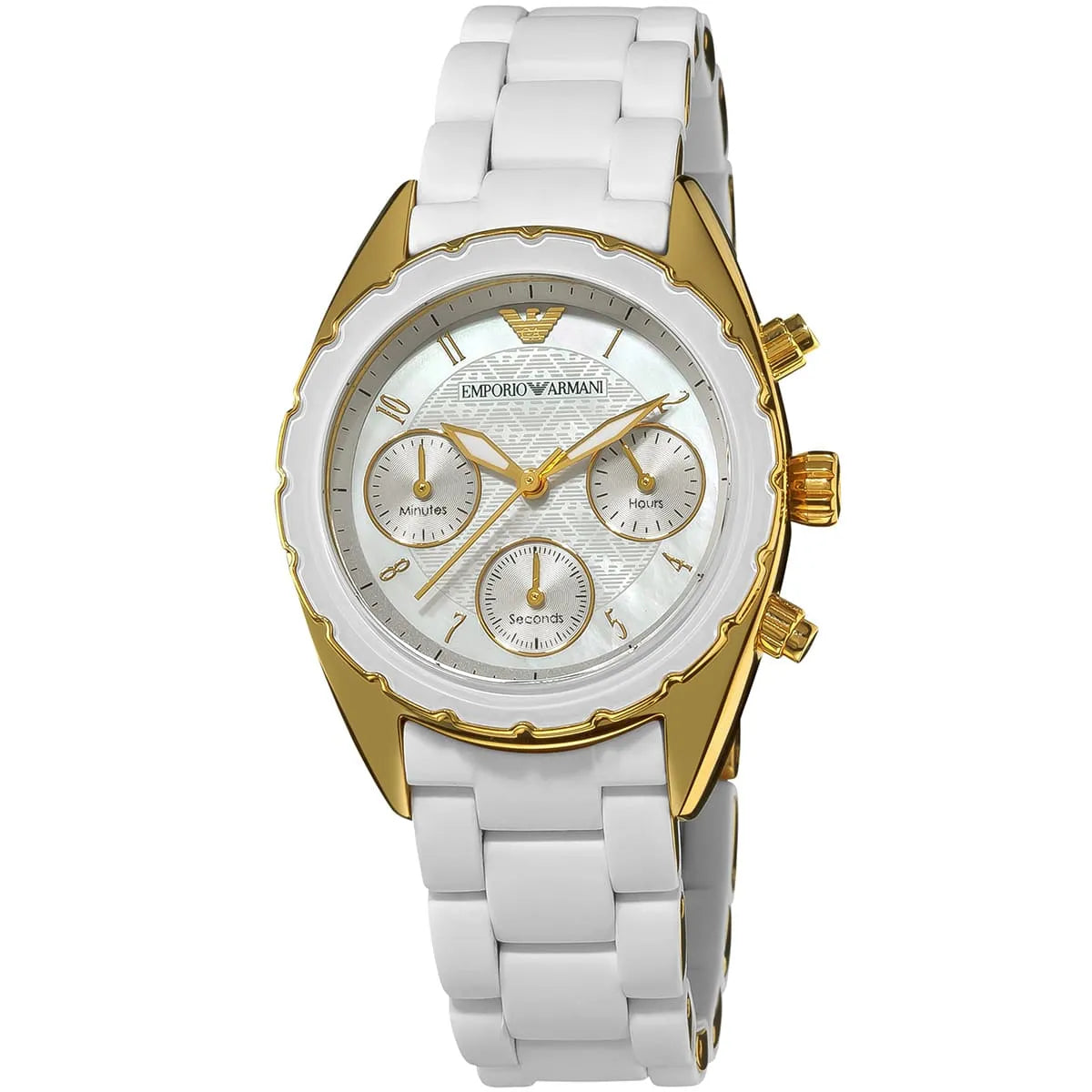 Emporio Armani AR5945 white dial chronograph with three subdials, gold case, and white rubber bracelet