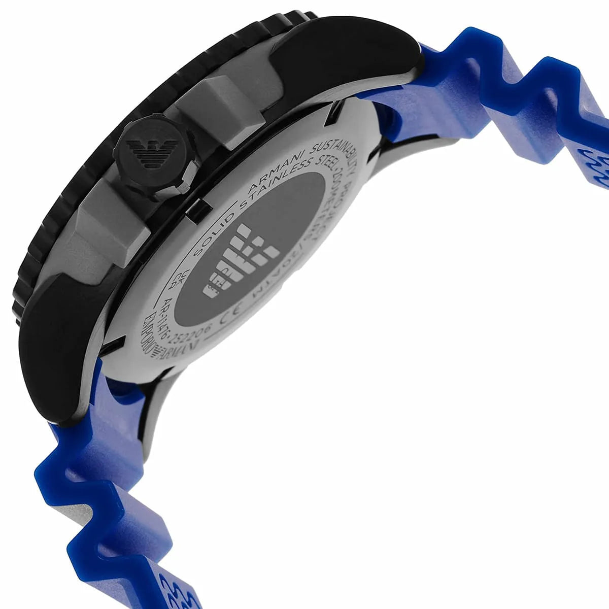 Emporio Armani AR5966 angled view of watch with black and blue silicone strap