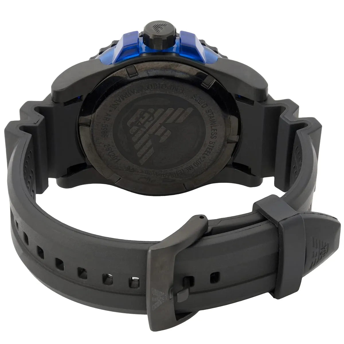 Emporio Armani Sportivo AR5966 caseback with Emporio Armani logo and specifications