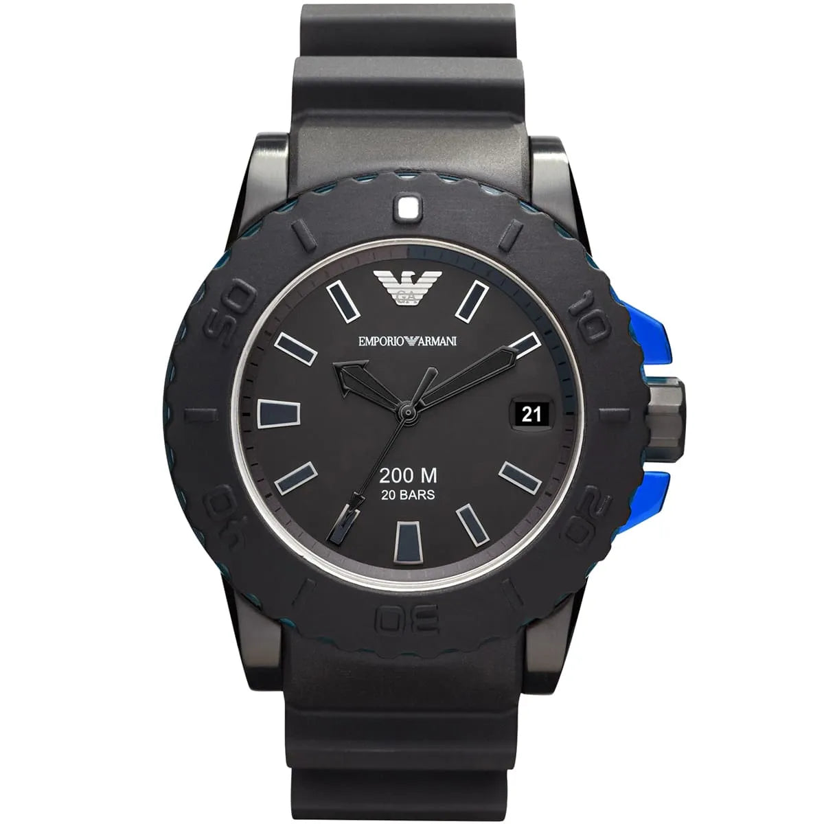 Emporio Armani Sportivo AR5966 men's watch with black dial, silicone strap, and blue accent