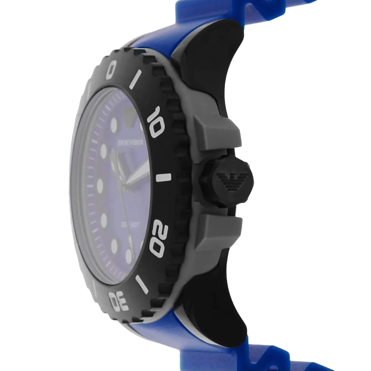 Emporio Armani AR5966 watch side view showing blue silicone strap and crown detail