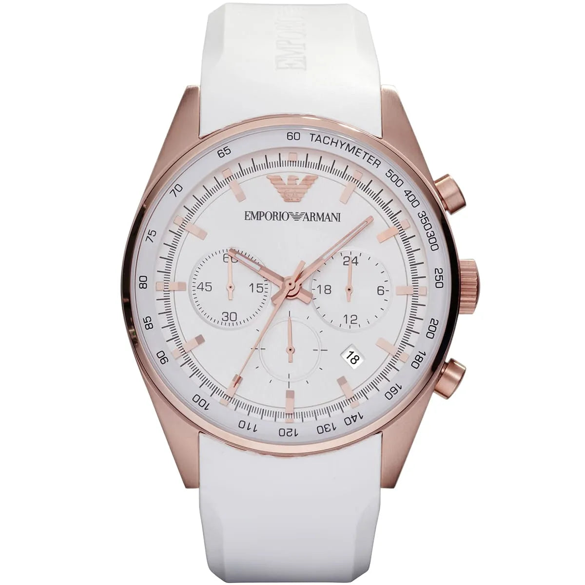 Emporio Armani Tazio Large chronograph watch with white dial and rose gold case