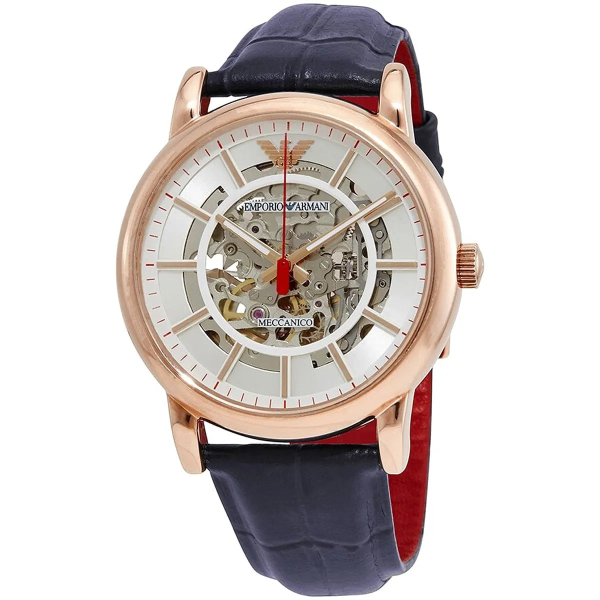 Emporio Armani AR60009 automatic skeleton watch angled view showing white dial and red accent on navy leather strap