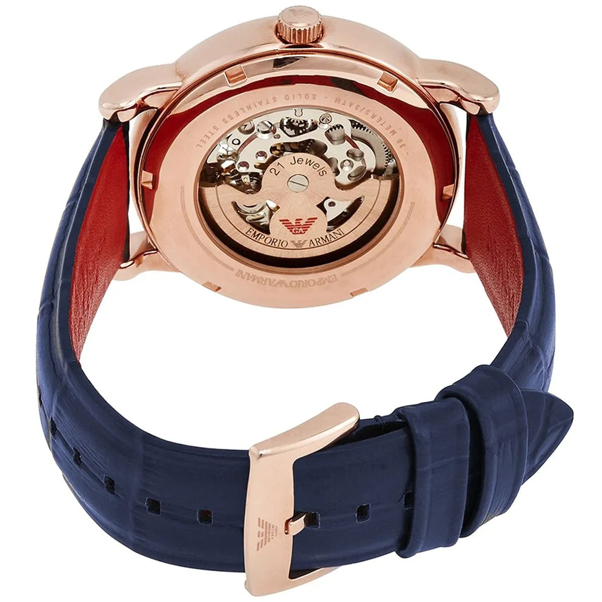 Emporio Armani AR60009 caseback detail showing automatic movement with visible gears and red navy leather strap