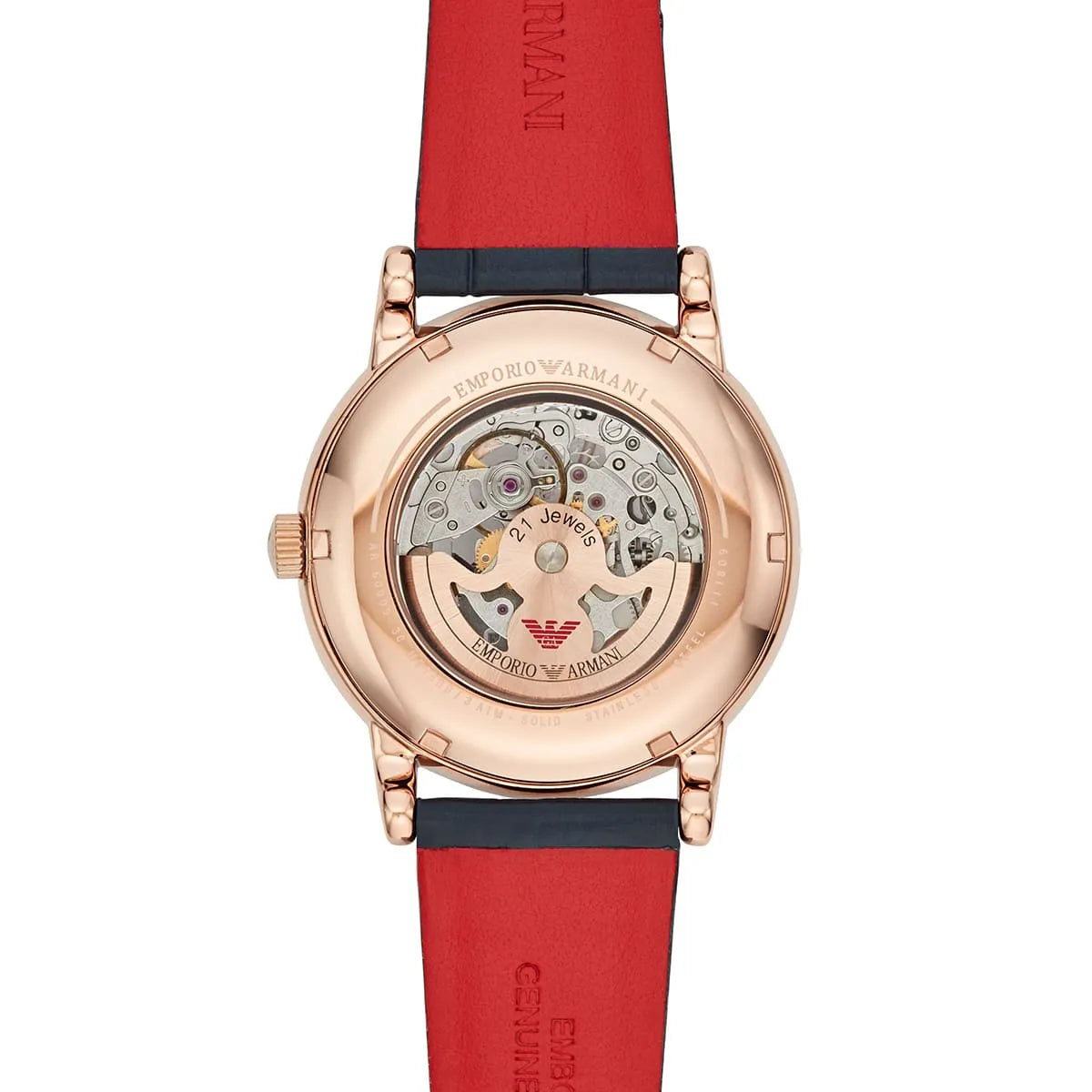 Emporio Armani AR60009 caseback showing visible automatic movement and red and navy leather strap