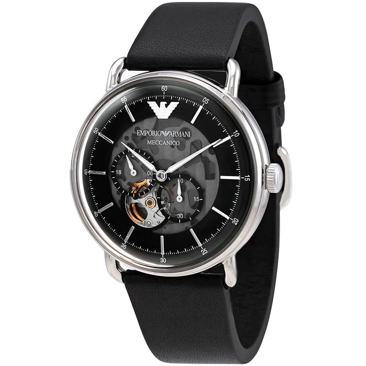 Emporio Armani Meccanico Skeleton Black Dial Black Leather Strap Watch For Men AR60026