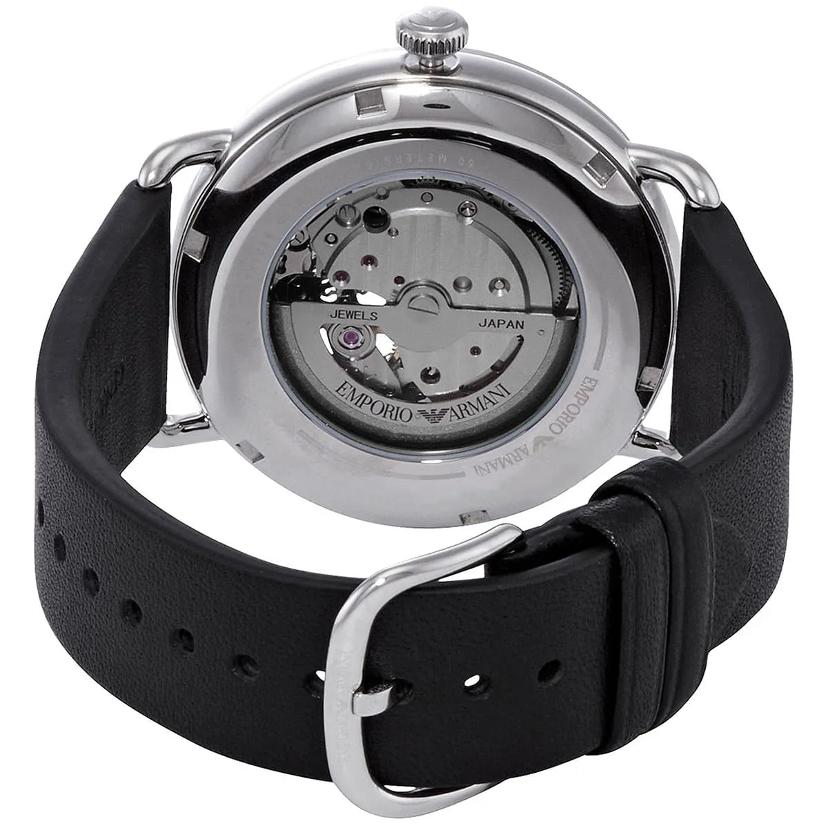 Emporio Armani Meccanico Skeleton Black Dial Black Leather Strap Watch For Men AR60026