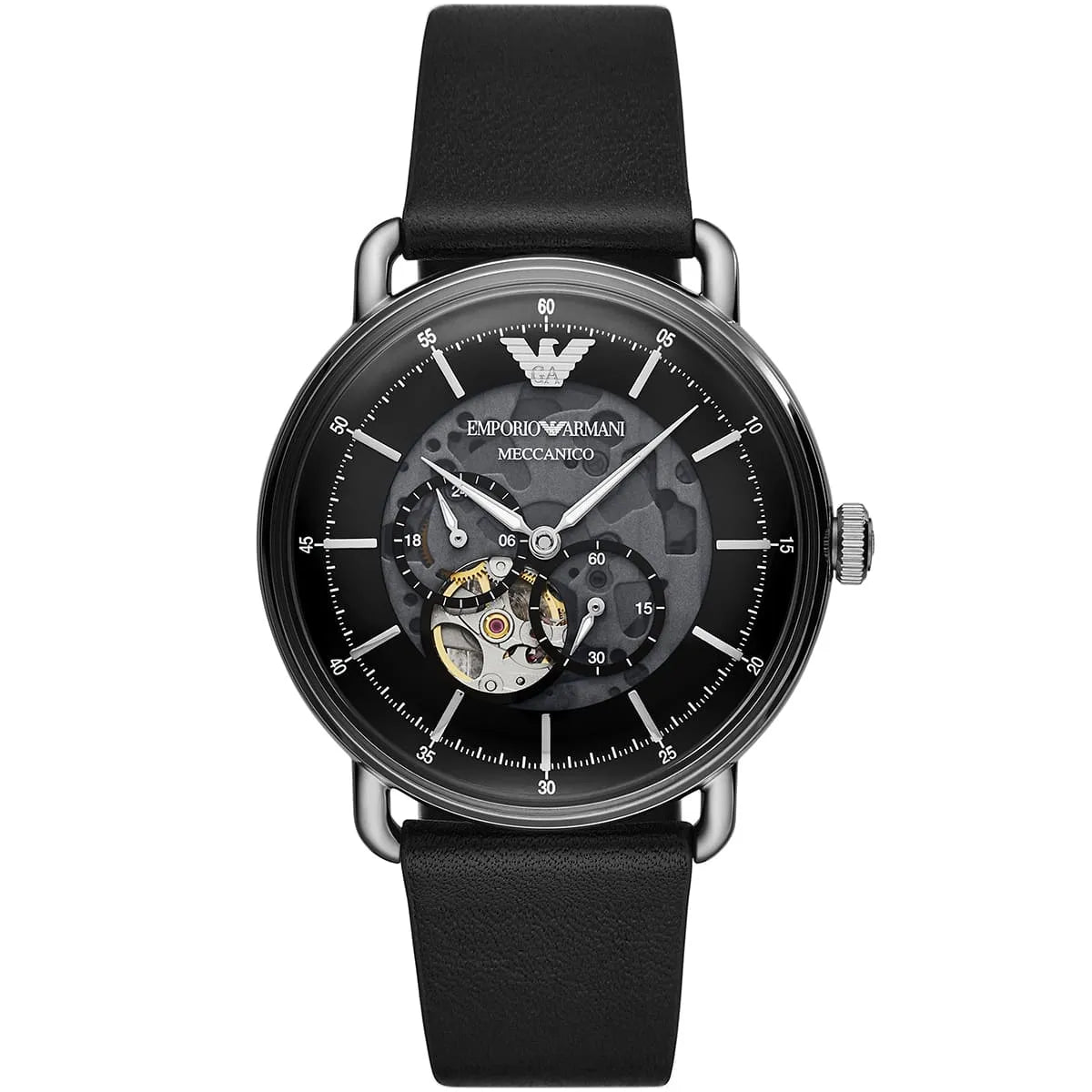 Emporio Armani Meccanico Skeleton Black Dial Black Leather Strap Watch For Men AR60026
