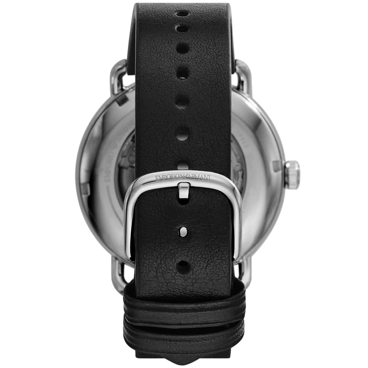 Emporio Armani Meccanico Skeleton Black Dial Black Leather Strap Watch For Men AR60026