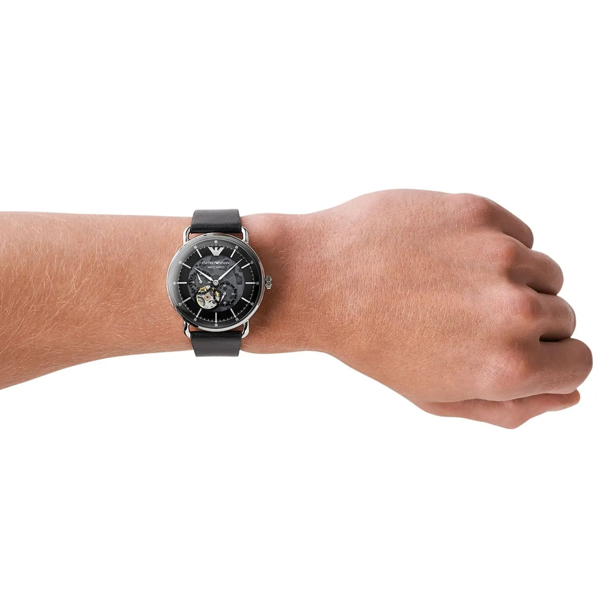 Emporio Armani Meccanico Skeleton Black Dial Black Leather Strap Watch For Men AR60026