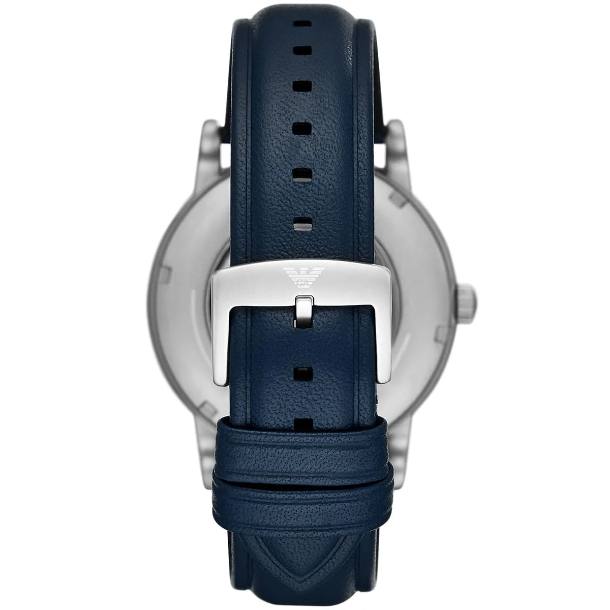 Emporio Armani Luigi watch caseback showing blue leather strap with adjustment holes and buckle