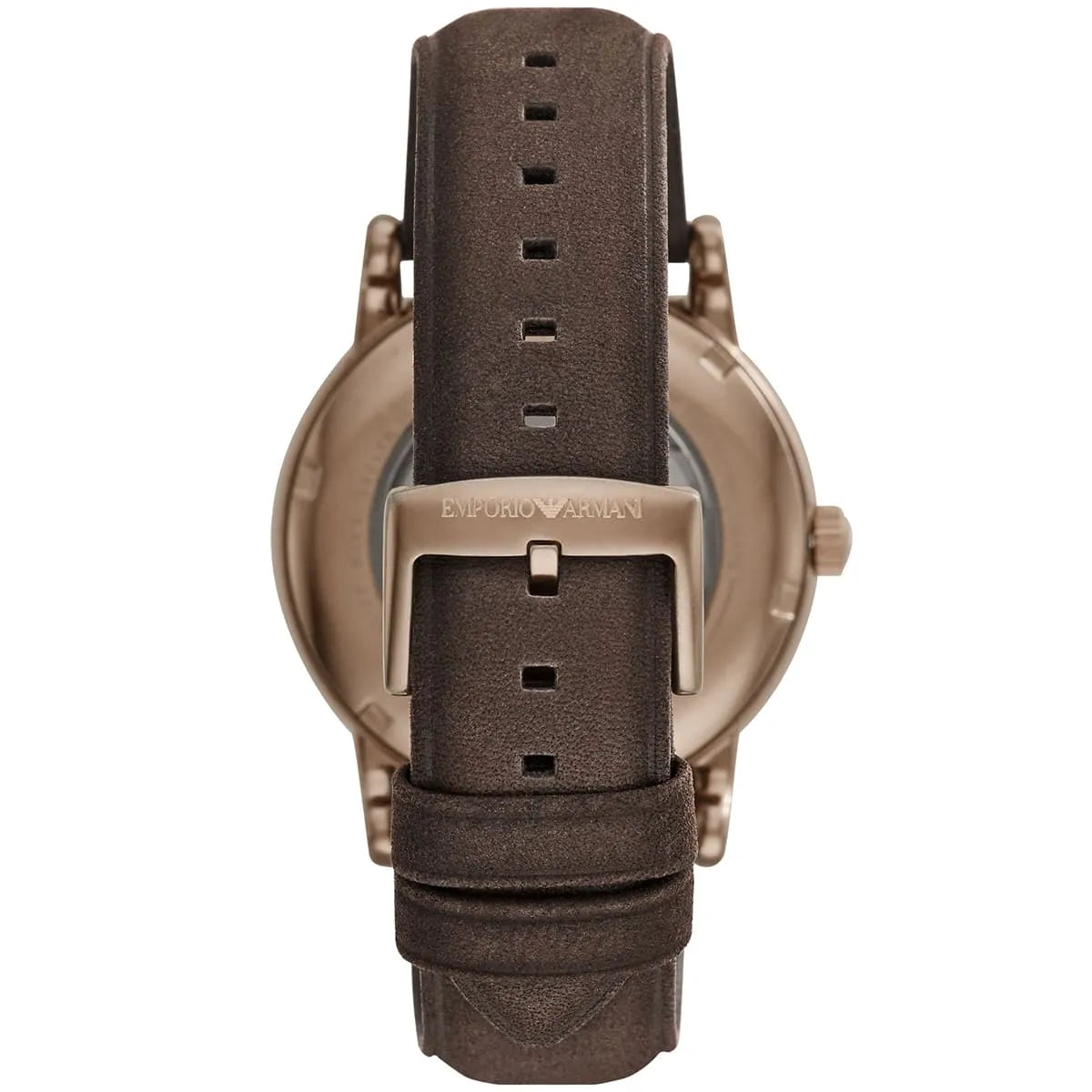 Emporio Armani AR60033 caseback view with brown leather strap and buckle