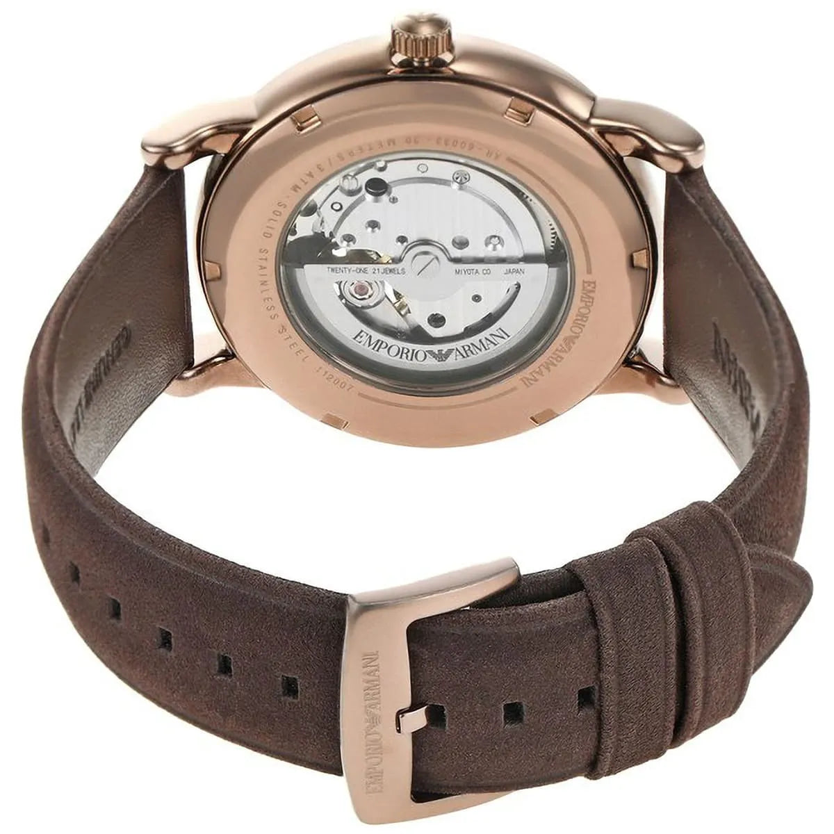 Emporio Armani AR60033 caseback showing exposed automatic movement and skeleton design
