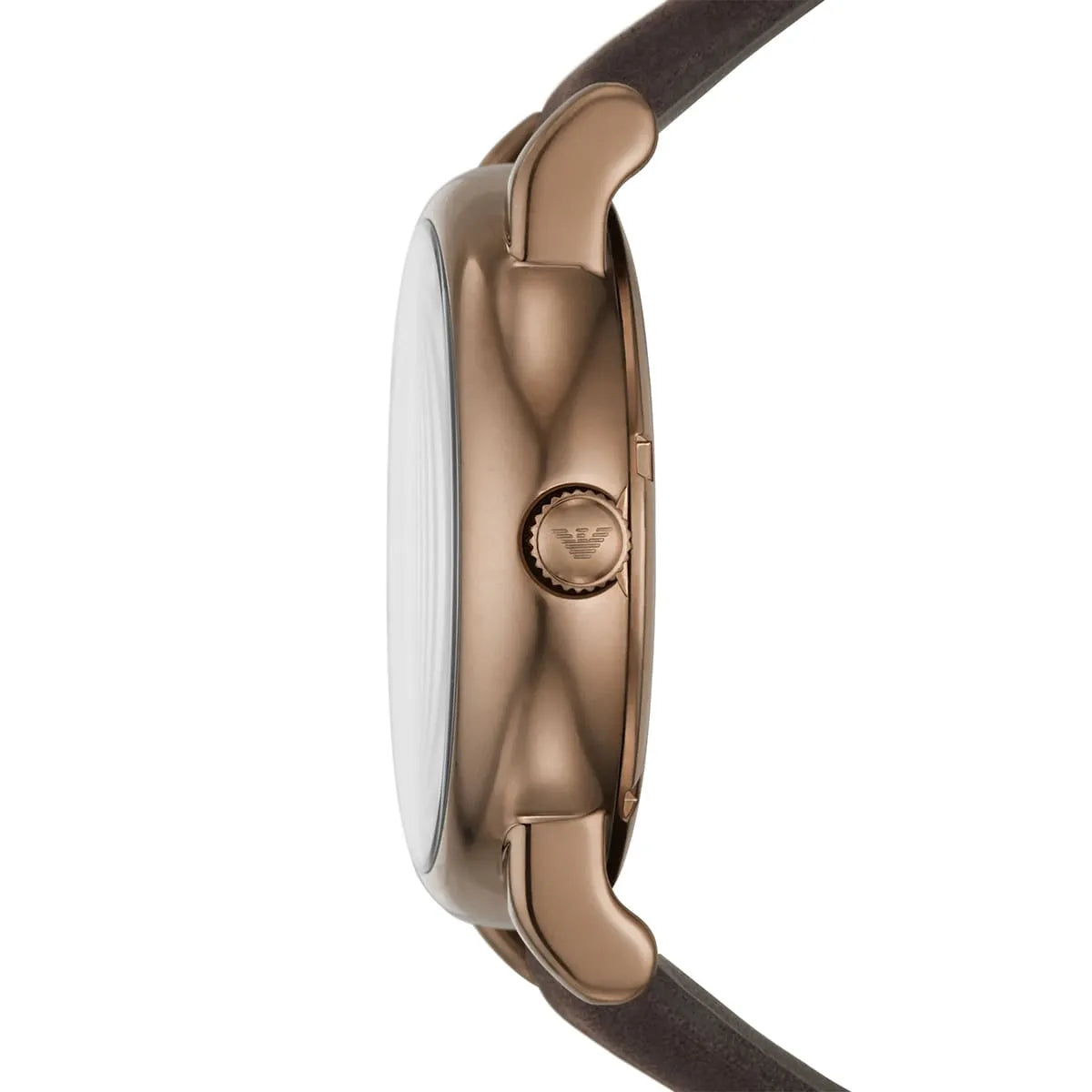 Emporio Armani AR60033 side profile showing bronze case thickness and brown strap