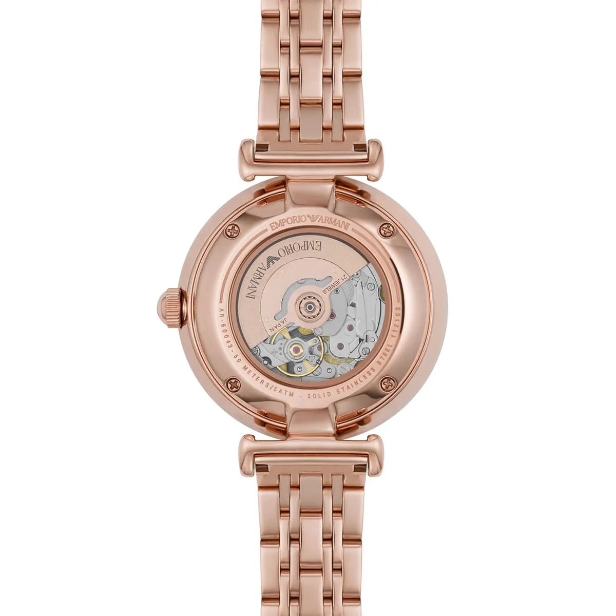 Emporio Armani Meccanico Gianni T-Bar Blue Dial Rose Gold Steel Strap Watch For Women - AR60043