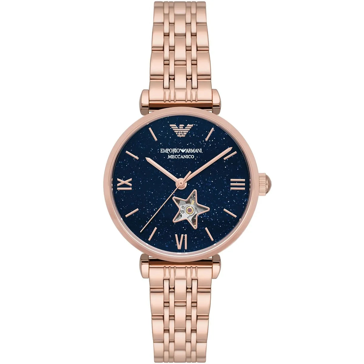 Emporio Armani Meccanico Gianni T-Bar Blue Dial Rose Gold Steel Strap Watch For Women - AR60043