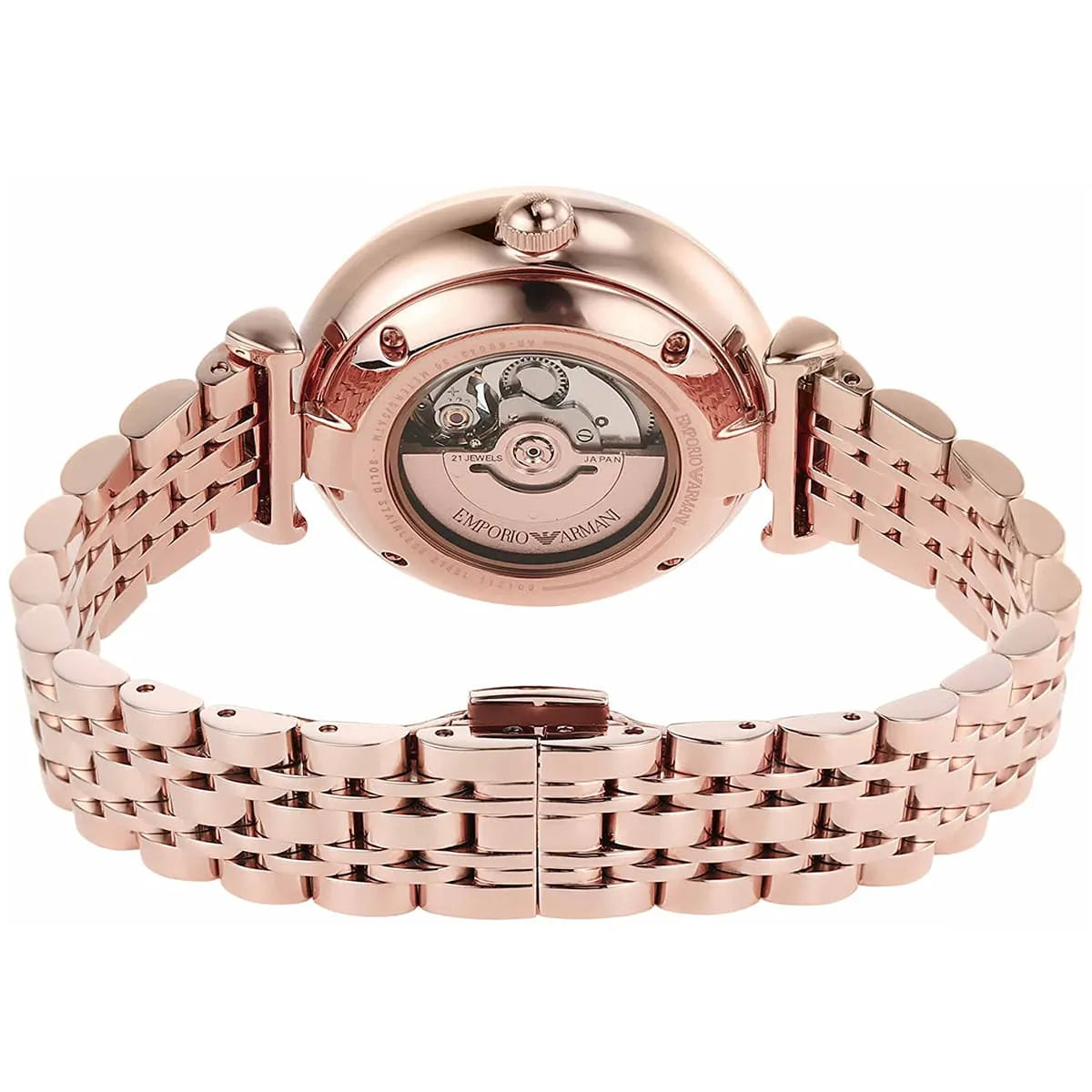 Emporio Armani Meccanico Gianni T-Bar Blue Dial Rose Gold Steel Strap Watch For Women - AR60043