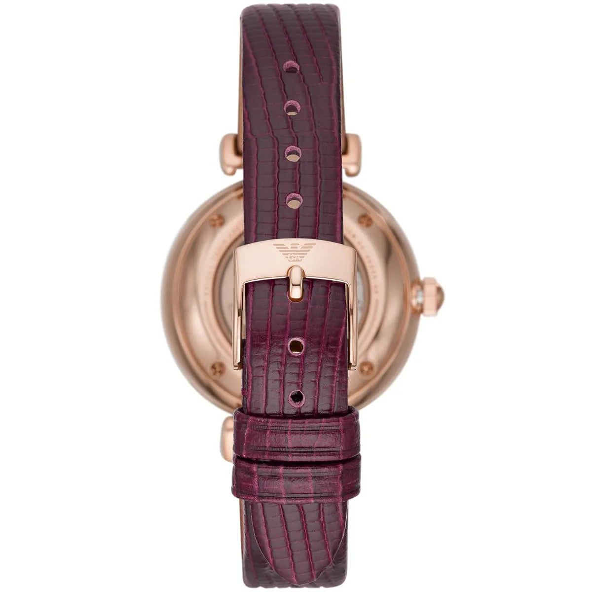 Emporio Armani Meccanico watch case back showing burgundy crocodile-embossed leather strap