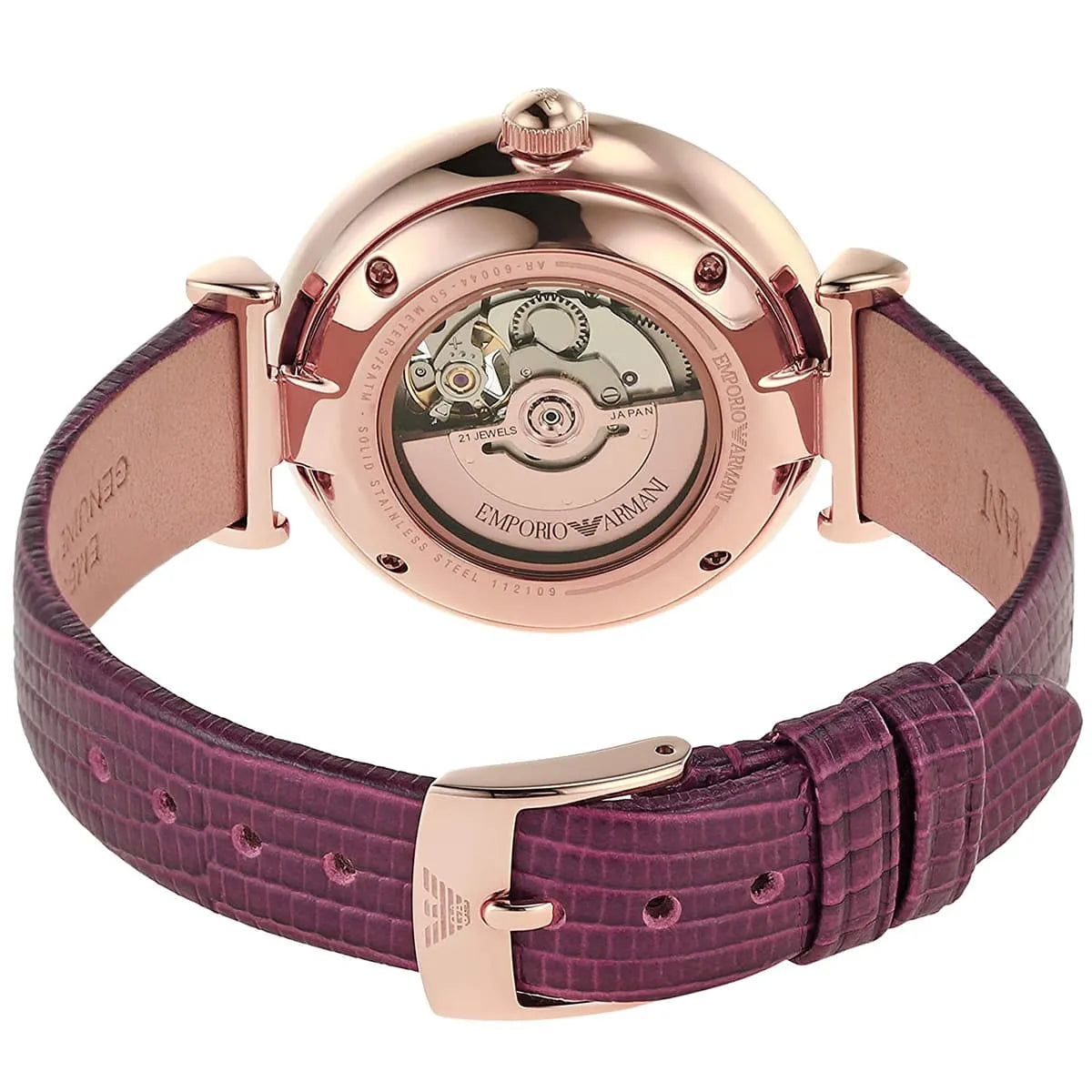 Emporio Armani Meccanico women's watch rear view showing burgundy crocodile leather strap