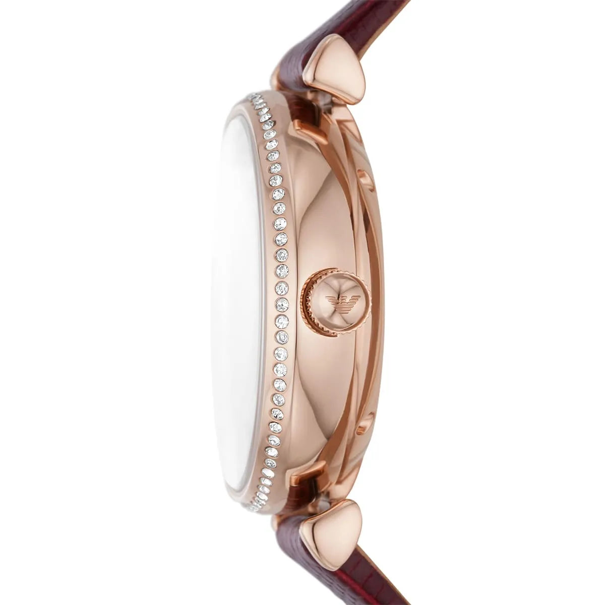 Emporio Armani Meccanico women's watch side profile with diamond bezel and burgundy strap