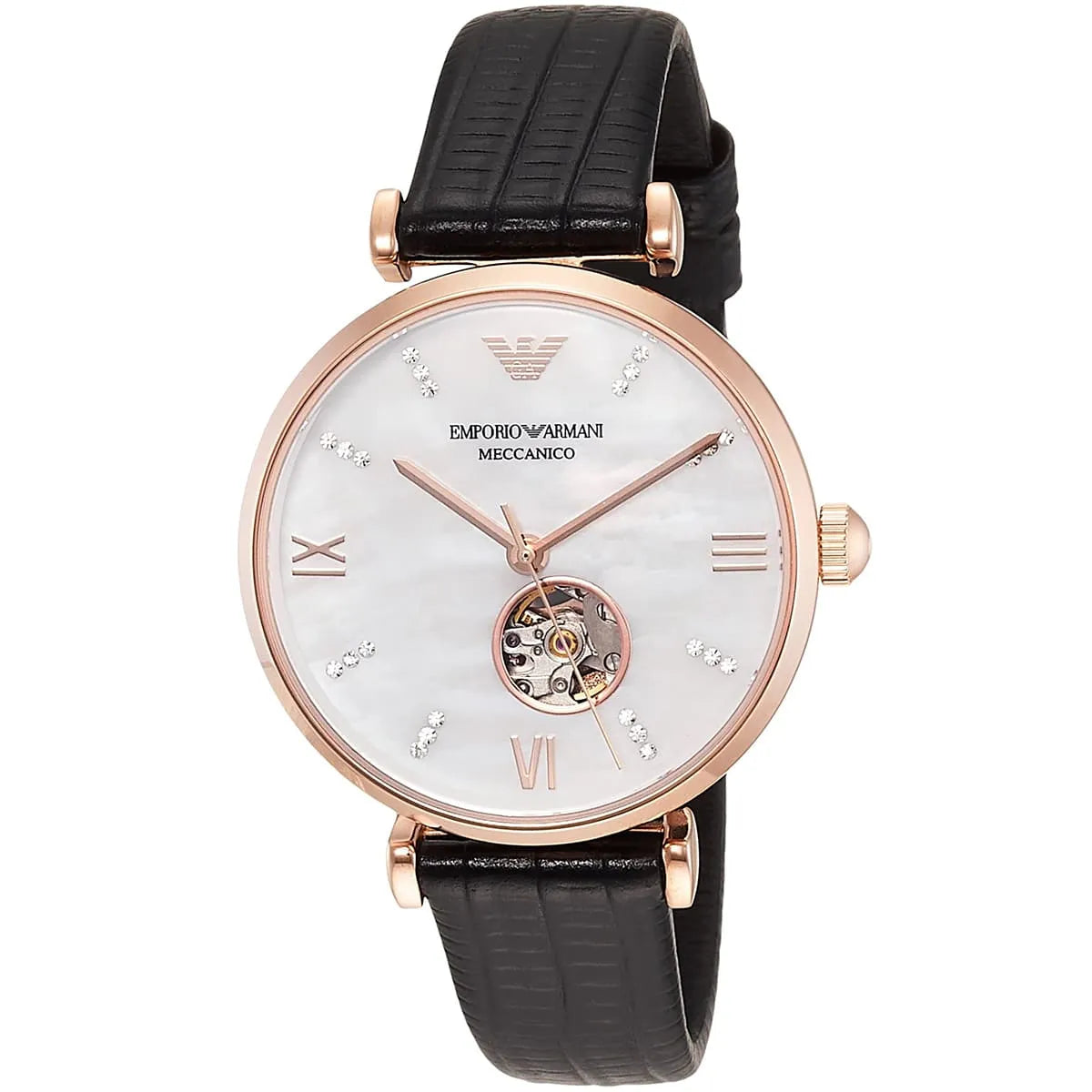 Emporio Armani Gianni T-Bar Automatic Crystal White Mop Dial Ladies Watch AR60047