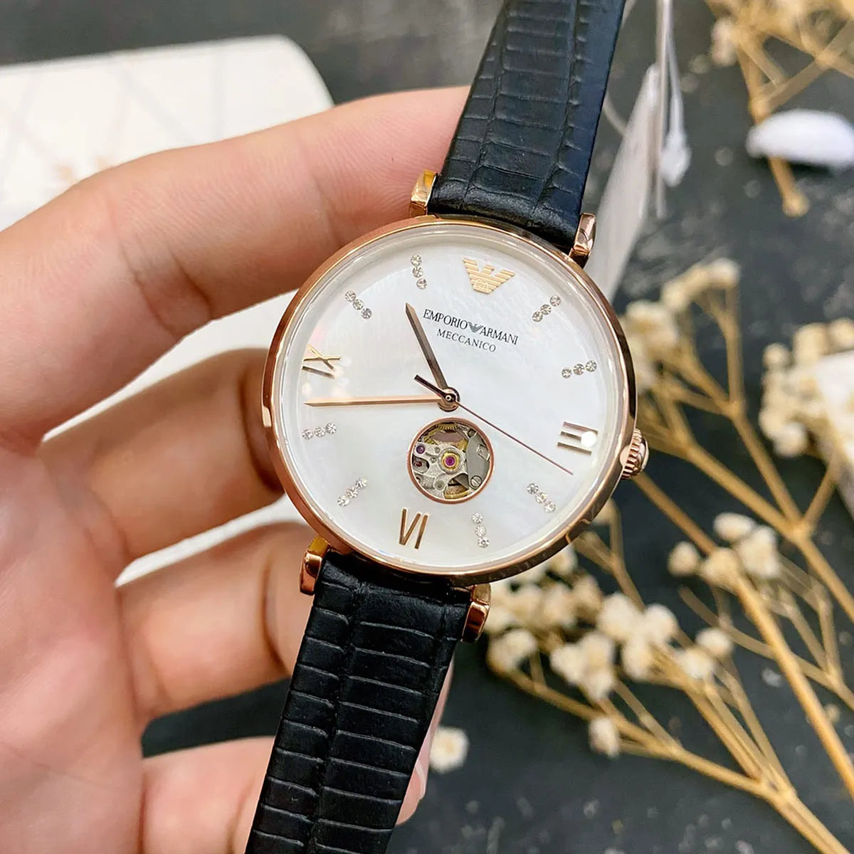Emporio Armani Gianni T-Bar Automatic Crystal White Mop Dial Ladies Watch AR60047