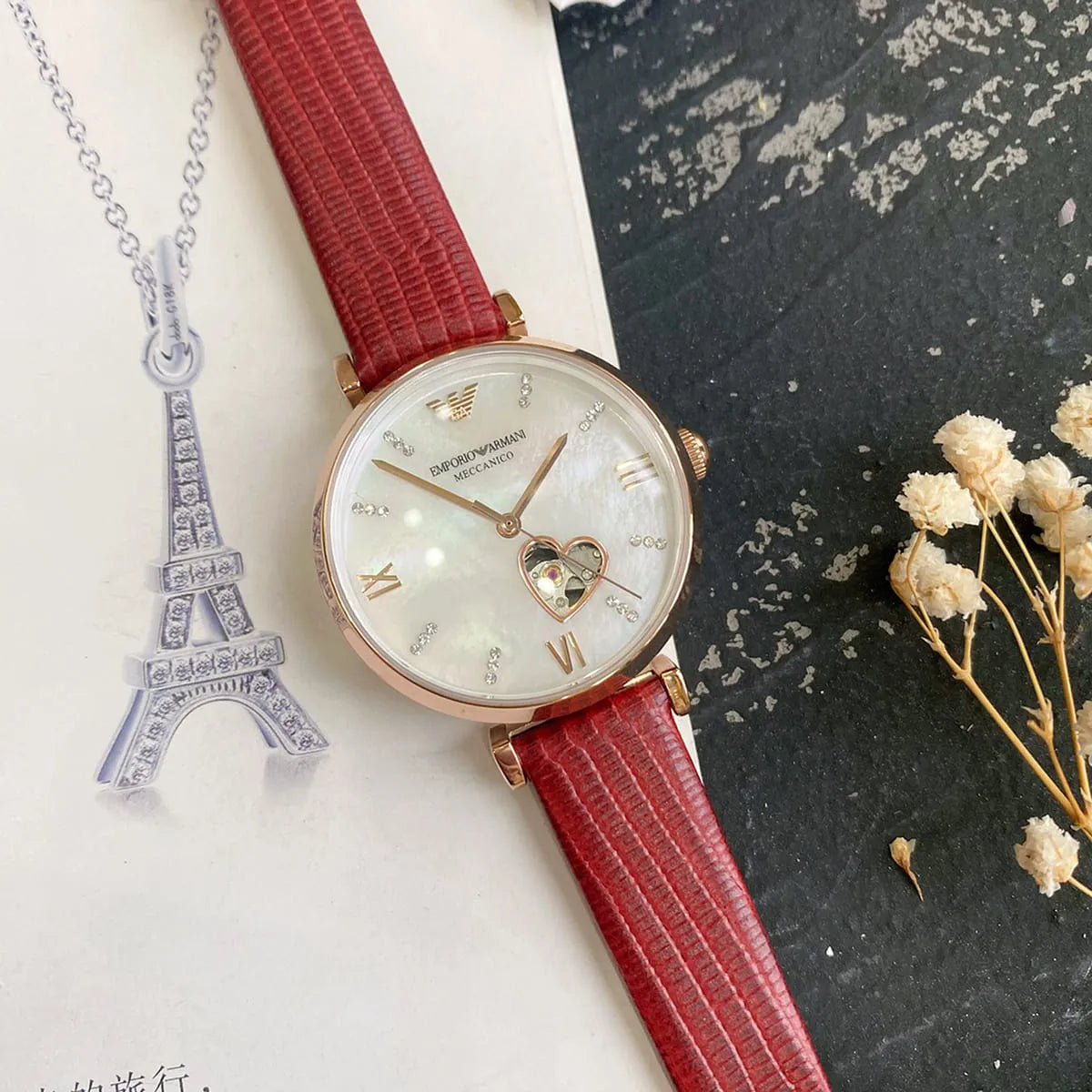 Emporio Armani Automatic Open Heart MOP White Dial Ladies Watch AR60048