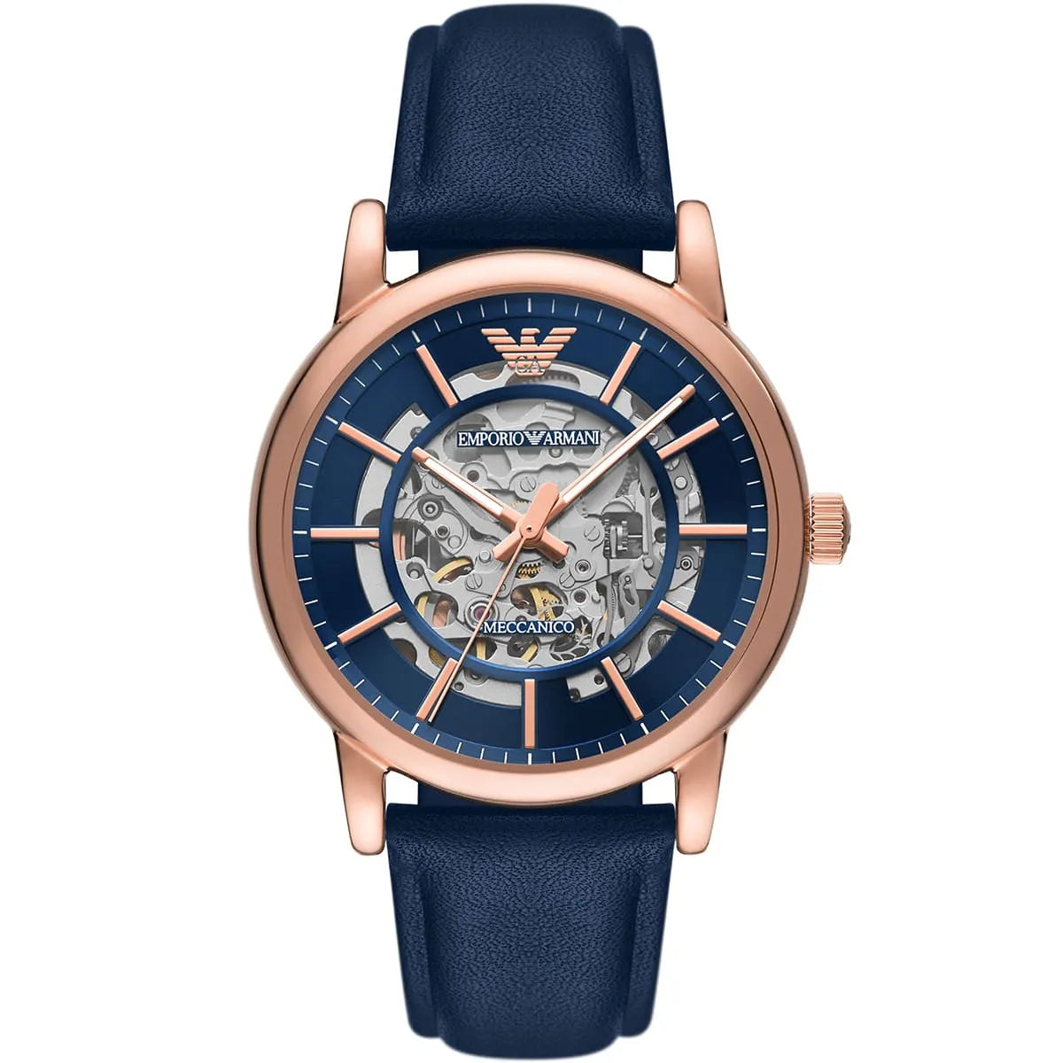 Emporio Armani Meccanico Automatic Blue Dial Blue Leather Strap Watch AR60050