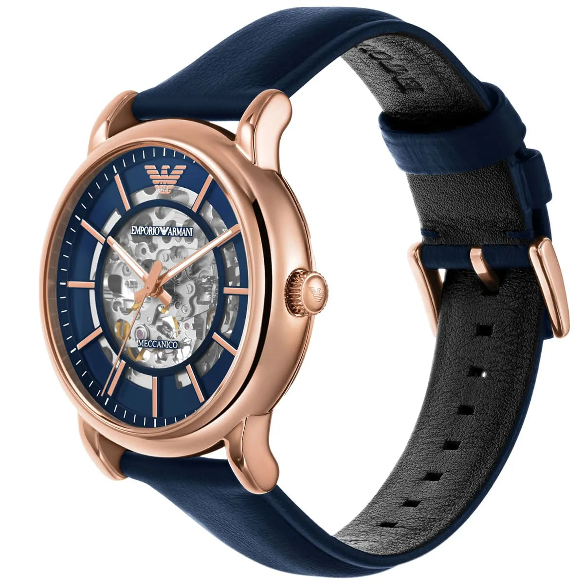 Emporio Armani Meccanico Automatic Blue Dial Blue Leather Strap Watch AR60050