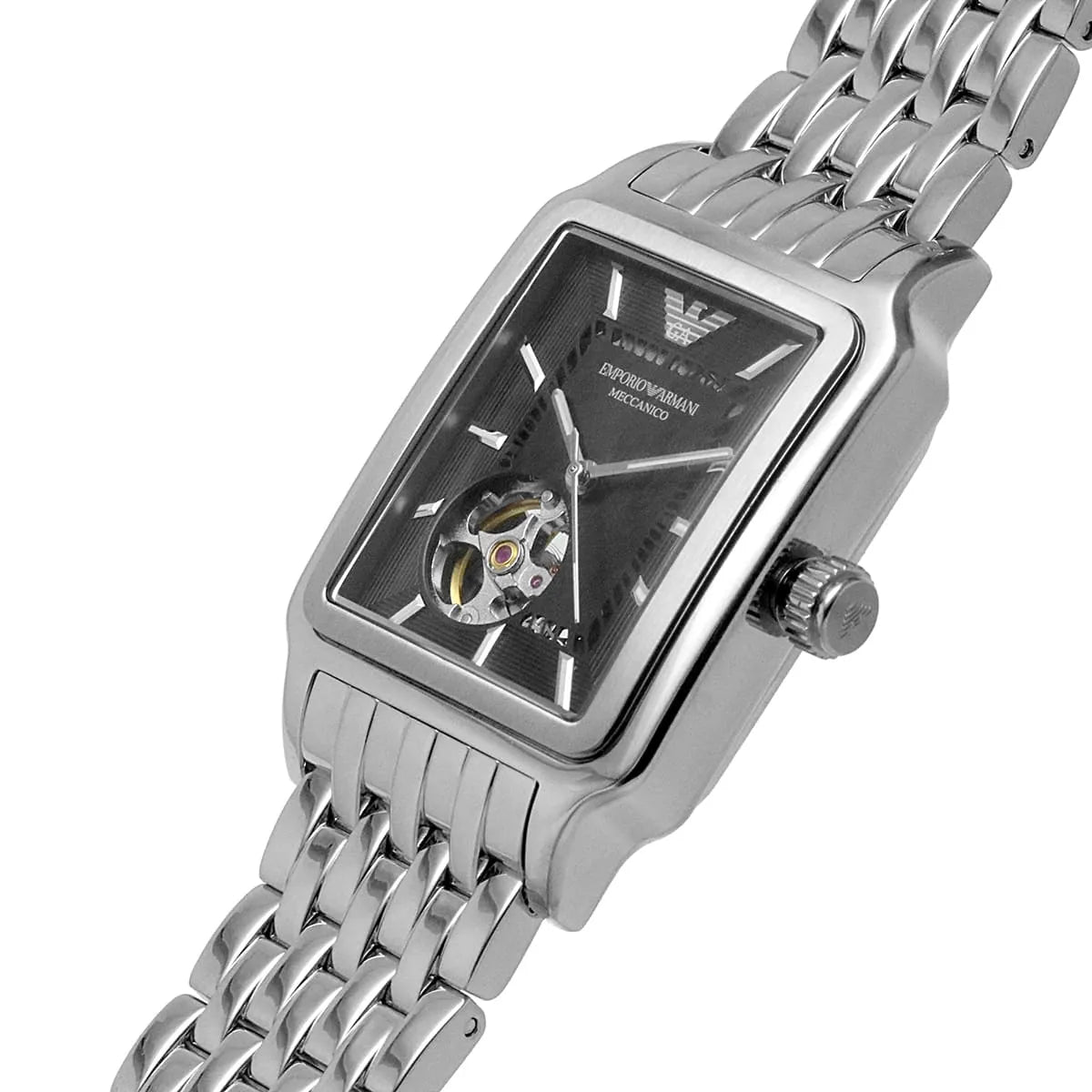 Emporio Armani Diego AR60057 angled view displaying black dial and stainless steel metal band