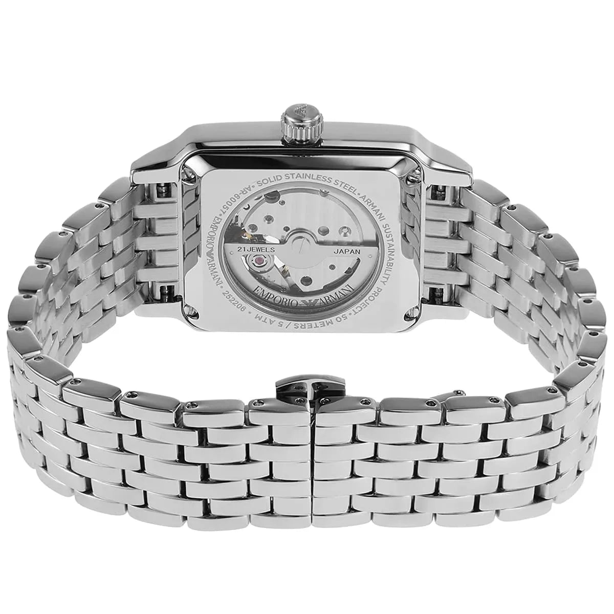 Emporio Armani Diego AR60057 transparent caseback displaying automatic movement and engraved details
