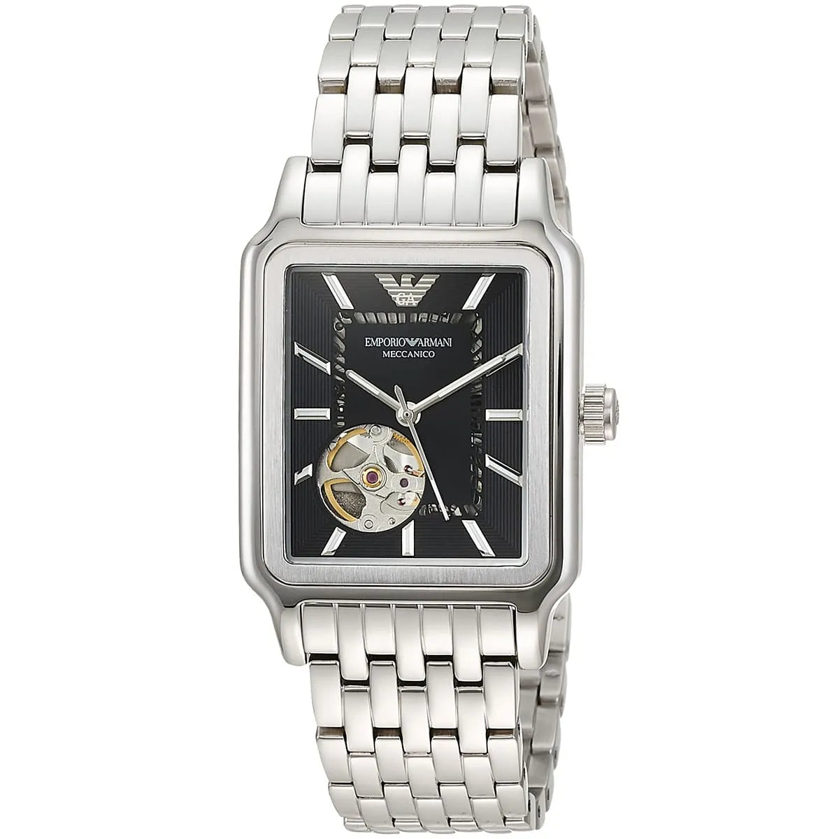Emporio Armani Diego AR60057 watch front view with black dial, visible skeleton movement, and silver bracelet
