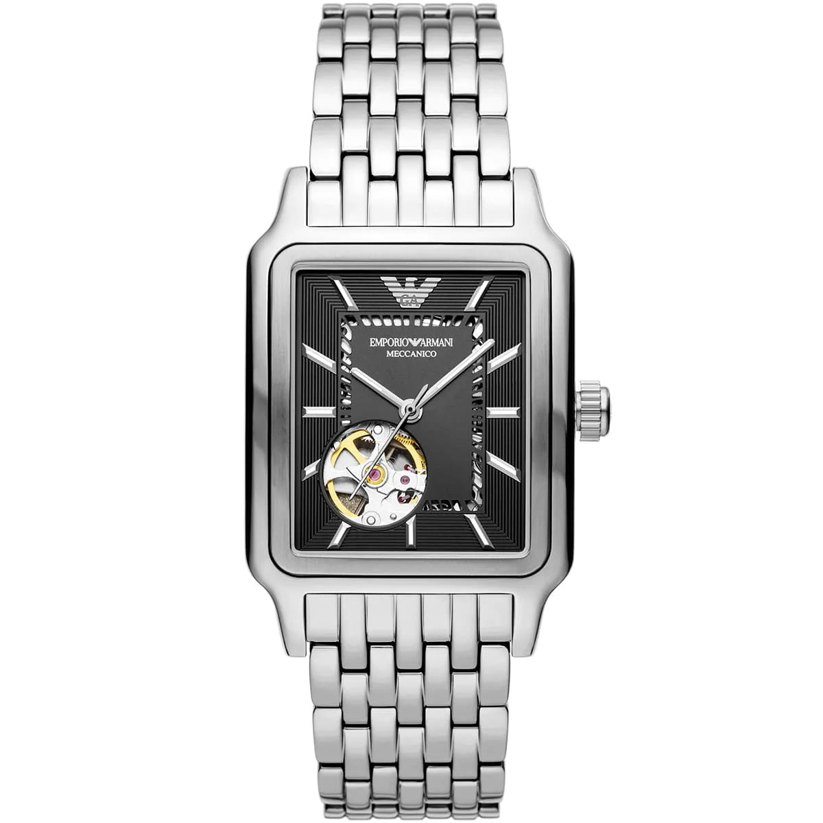 Emporio Armani Diego AR60057 automatic watch with black dial, skeleton movement window, and silver metal bracelet