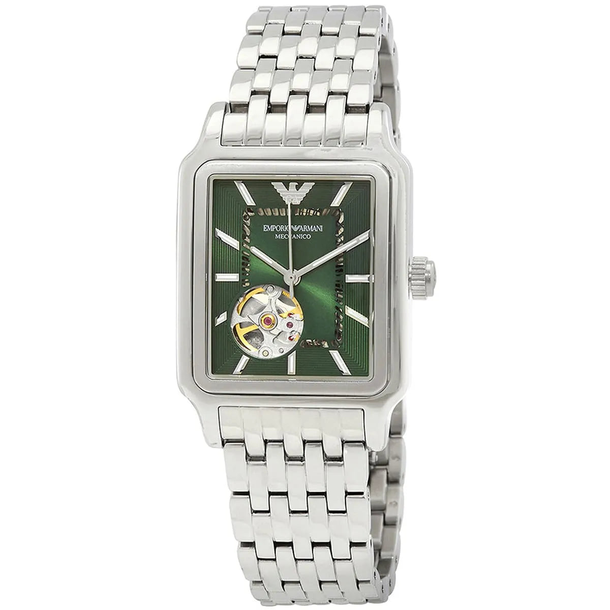 Emporio Armani Meccanico Automatic Green Dial Silver Steel Strap Watch For Men AR60067