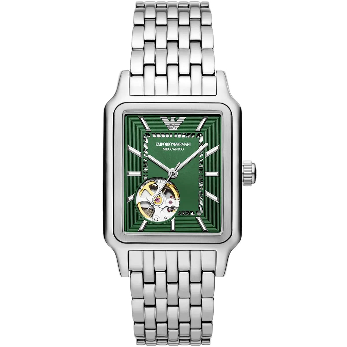 Emporio Armani Meccanico Automatic Green Dial Silver Steel Strap Watch For Men AR60067