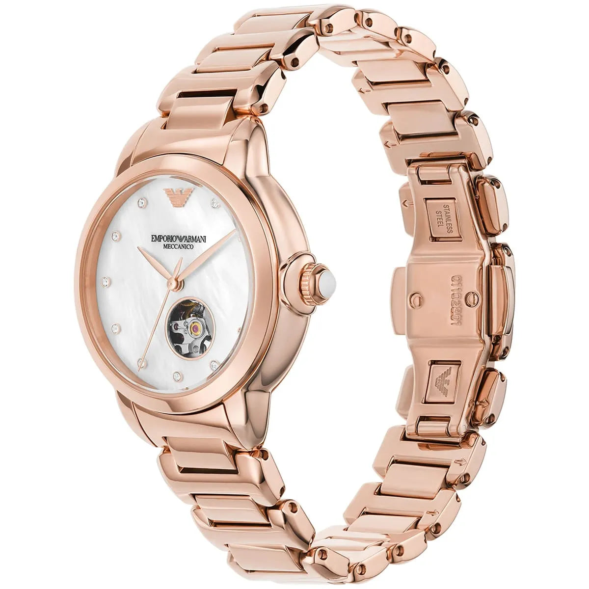 Side view of Emporio Armani Mia watch showing rose-gold bracelet and open heart dial window