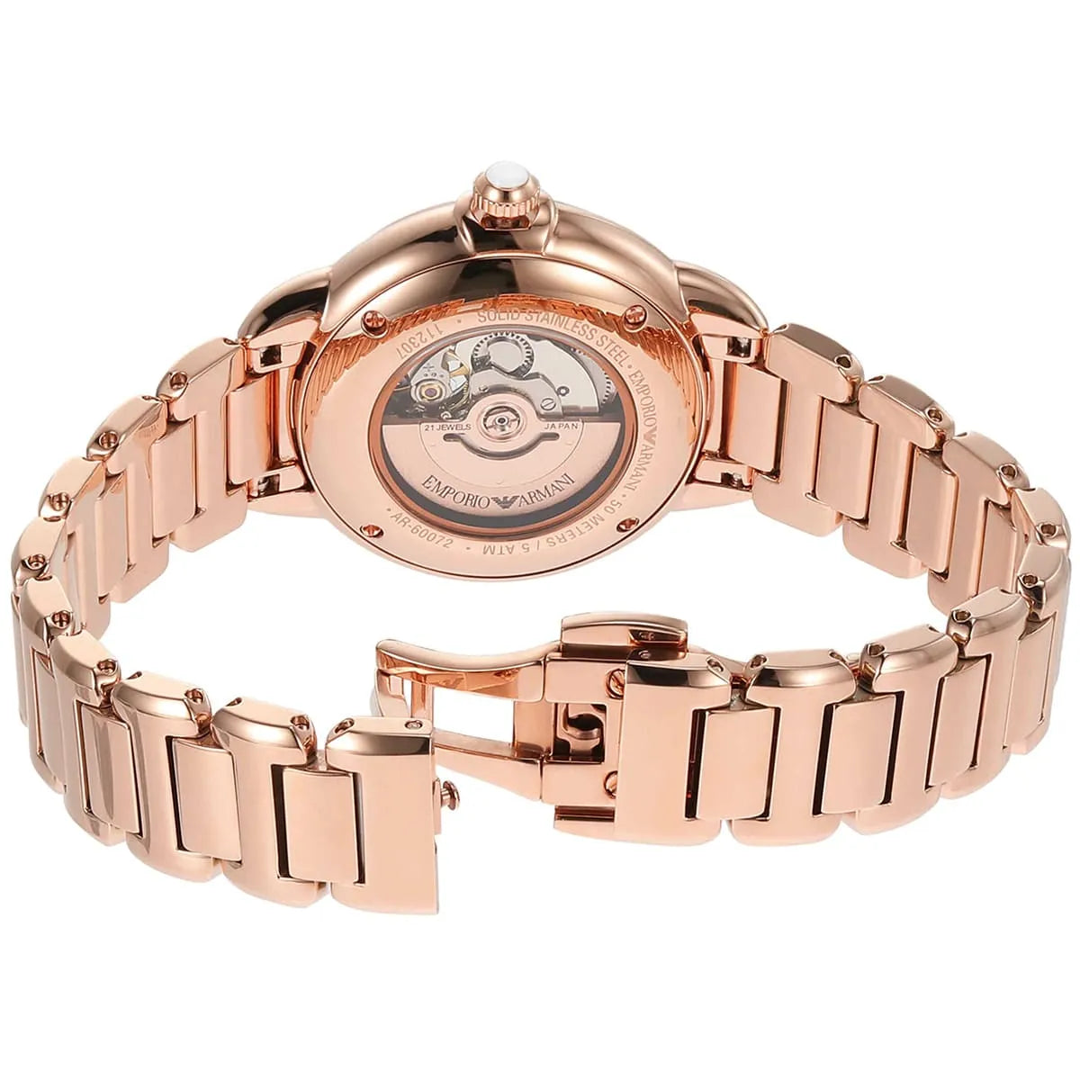 Caseback of Emporio Armani Mia watch revealing automatic movement through open heart skeleton window