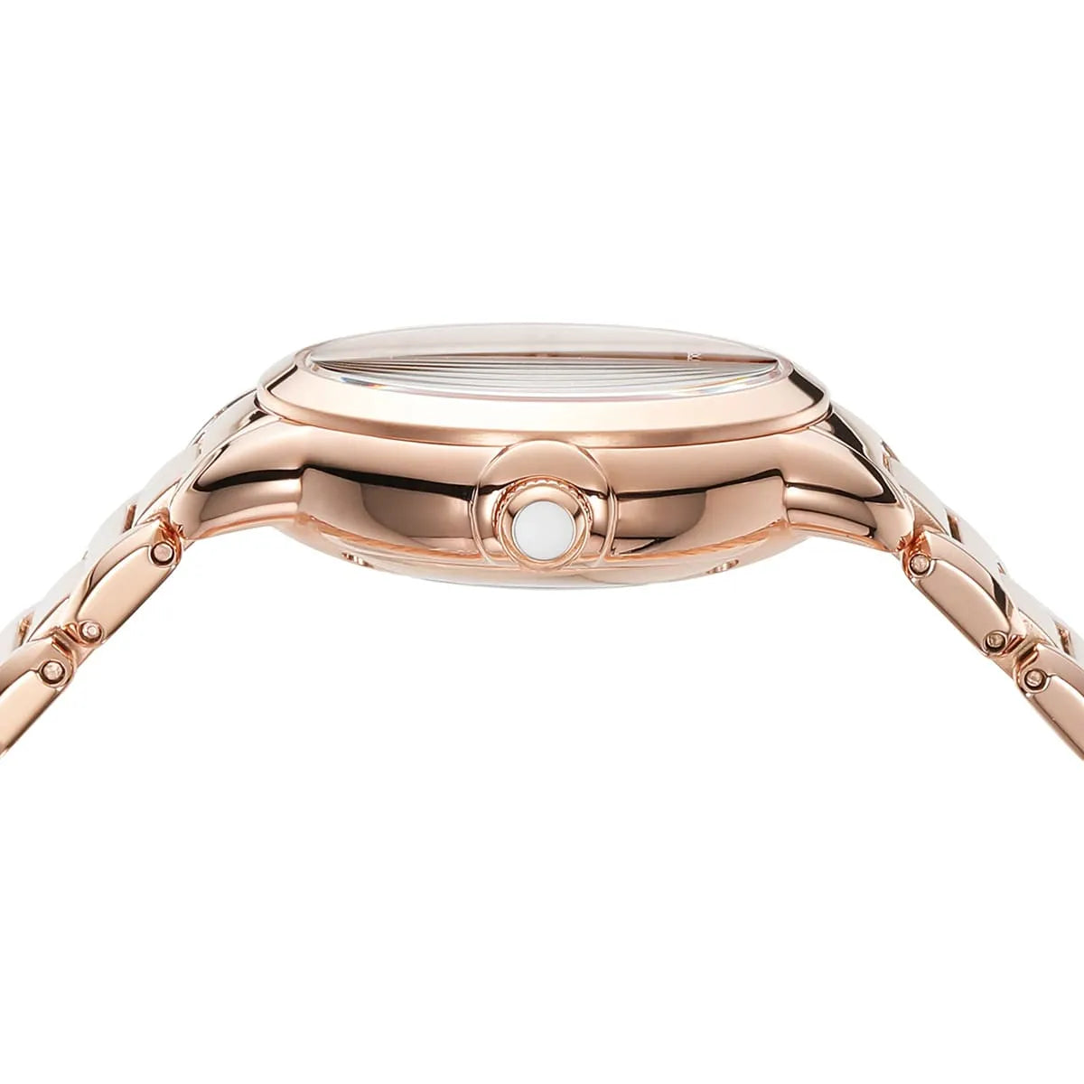 Close-up of Emporio Armani Mia watch dial with mother-of-pearl finish and open heart cutout