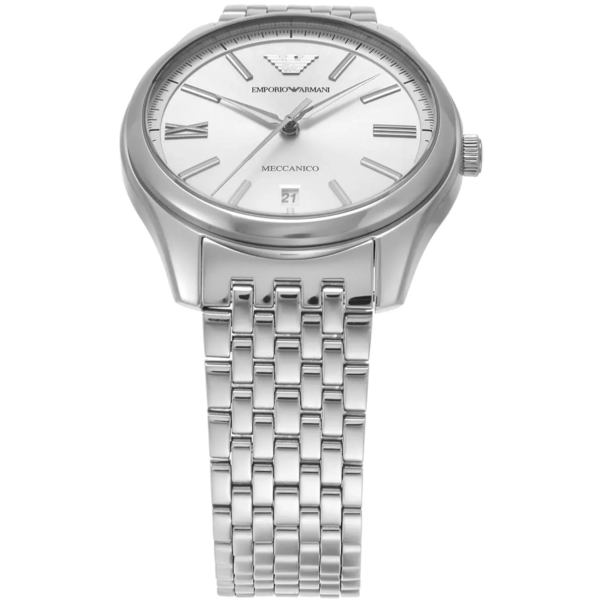 Emporio Armani AR60076 three-quarter view showing silver dial and stainless steel bracelet