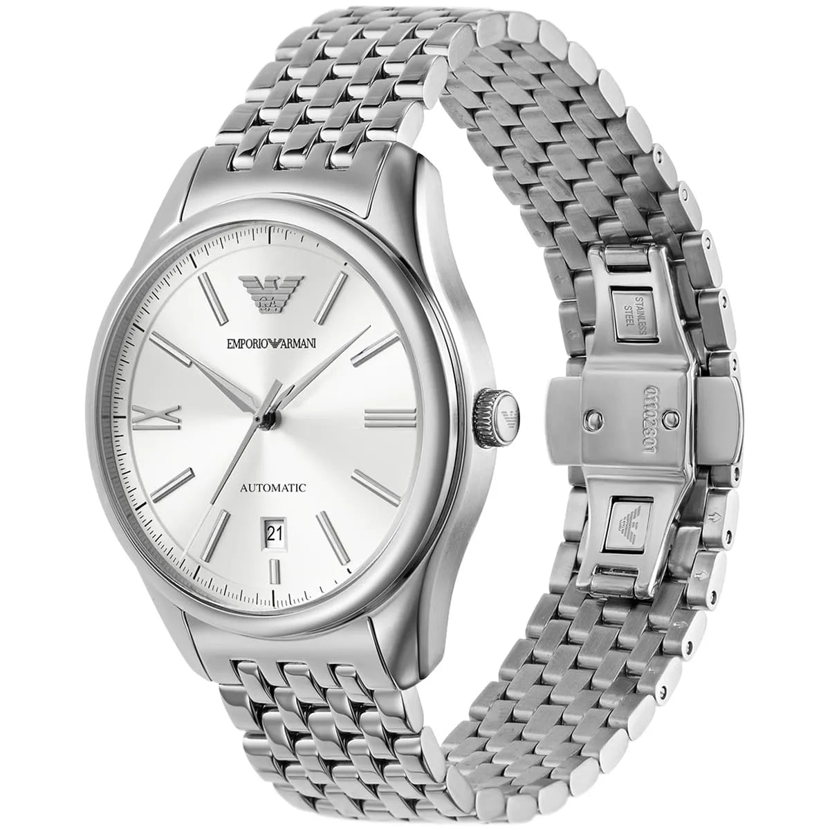 Emporio Armani AR60076 side profile showing case and stainless steel bracelet detail