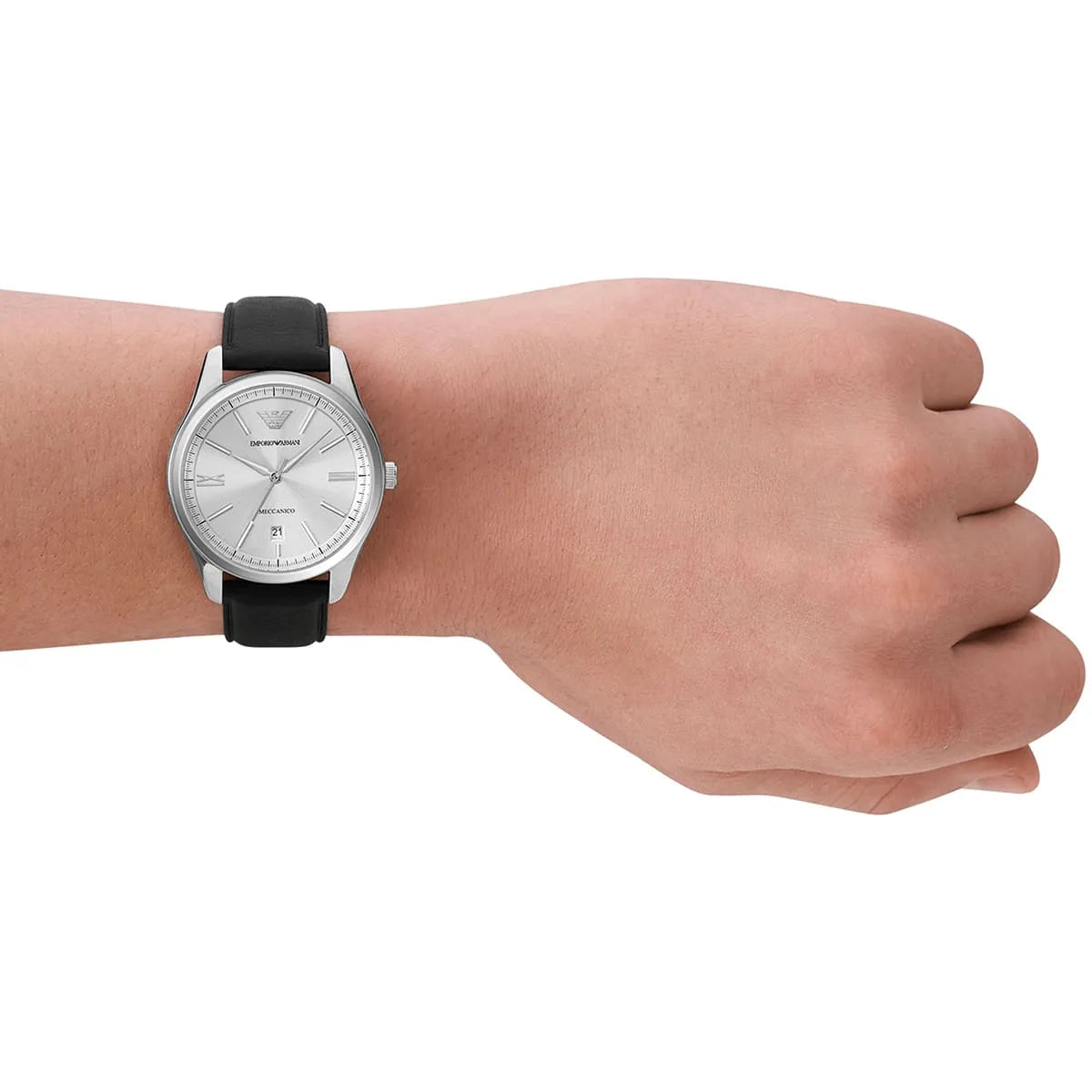 Emporio Armani Leather Strap Silver Dial Automatic Men's Watch - AR60077