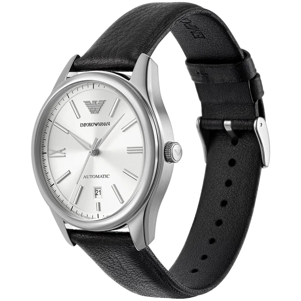 Emporio Armani Leather Strap Silver Dial Automatic Men's Watch - AR60077