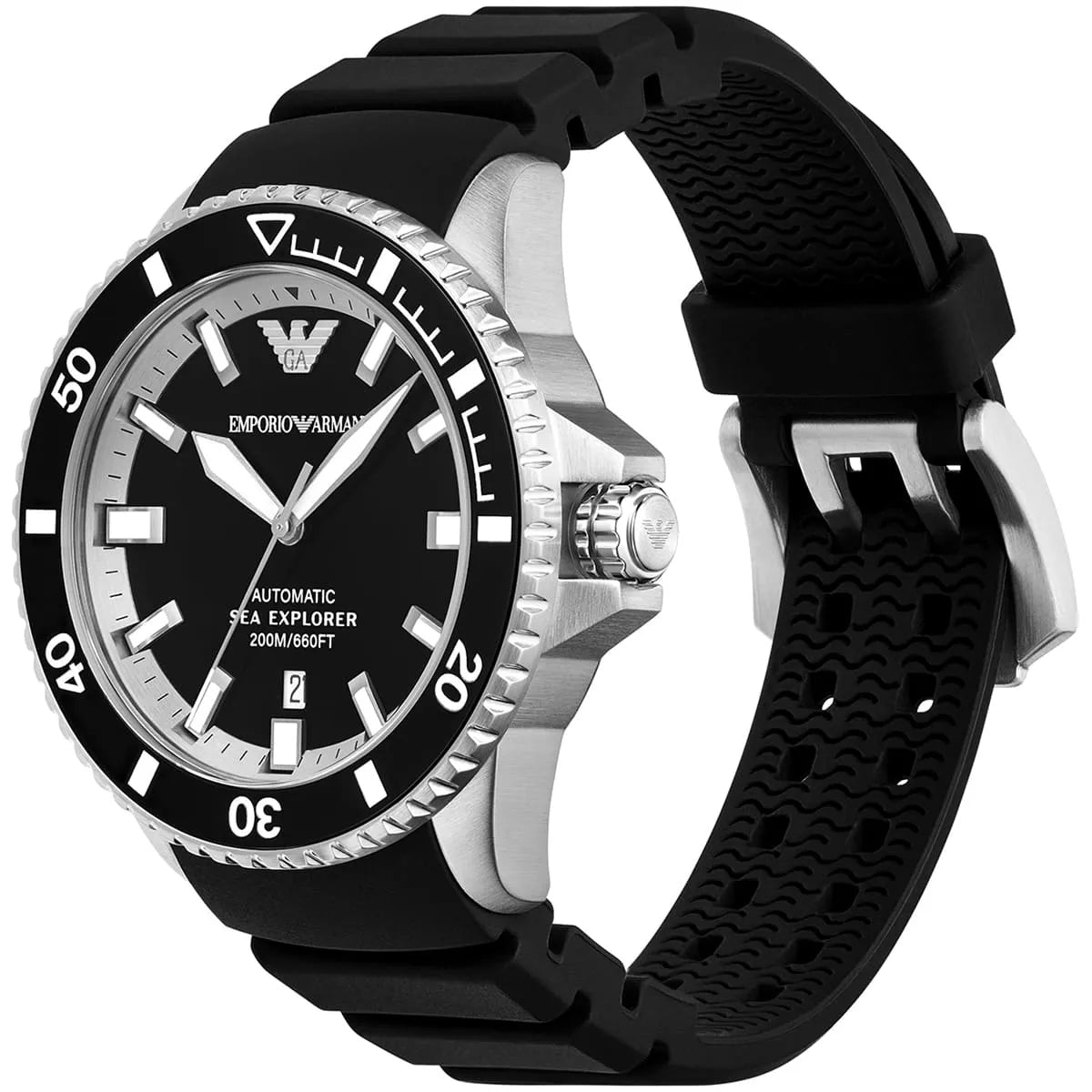 Emporio Armani Sea Explorer watch angled view showing case, bezel and strap