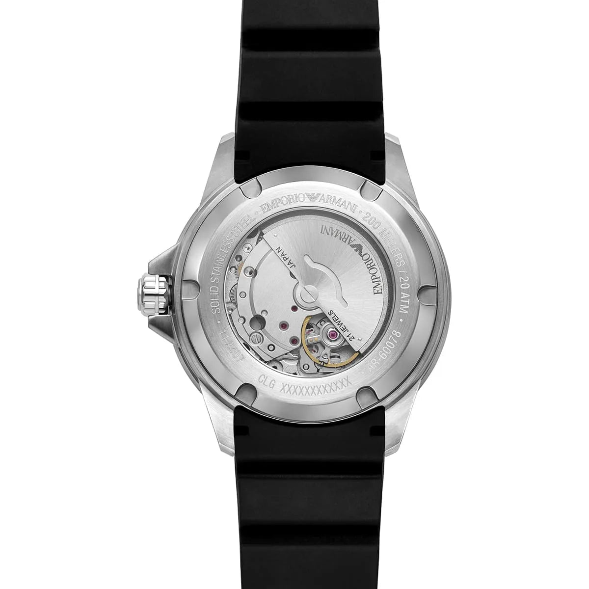 Emporio Armani Sea Explorer transparent caseback displaying automatic movement