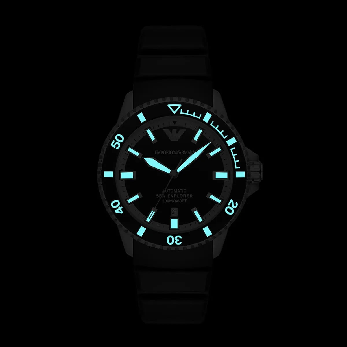 Emporio Armani Sea Explorer dial with luminous hands and indices