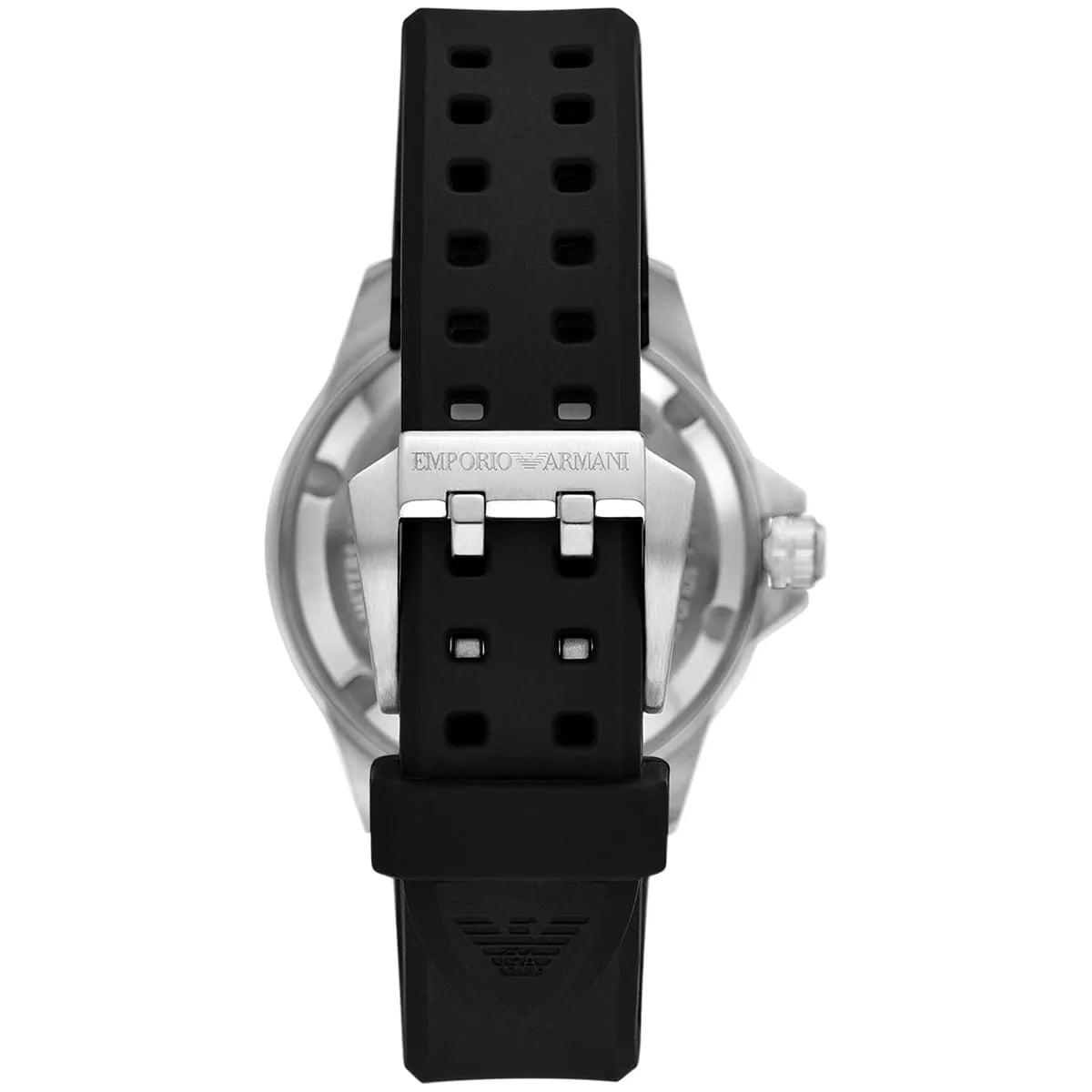Black silicone strap detail of Emporio Armani Sea Explorer watch