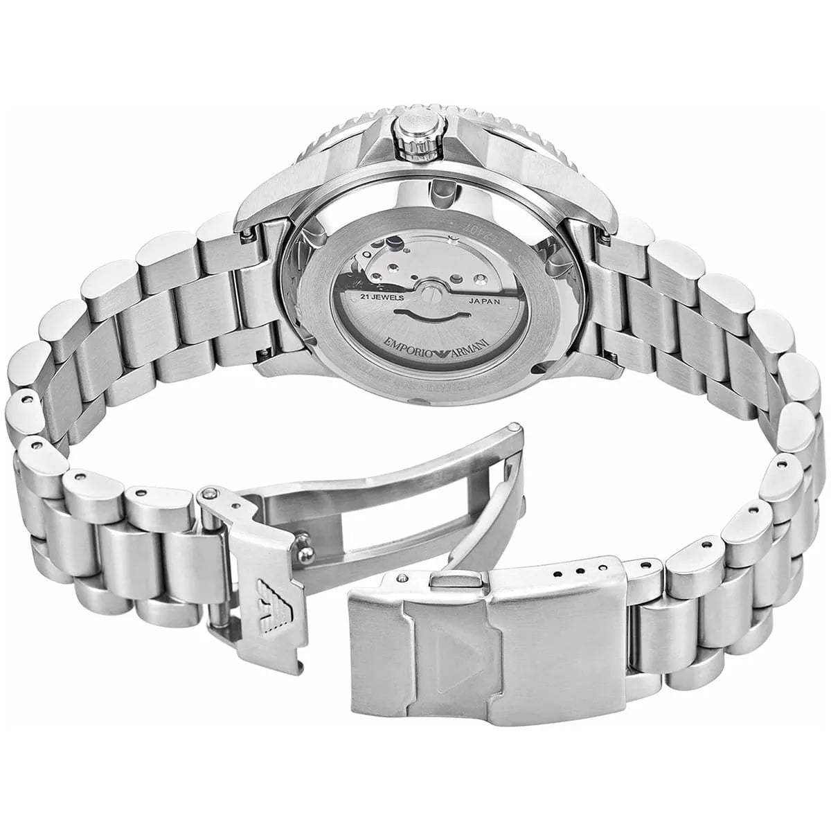 Rear view of Sea Explorer with open caseback displaying bracelet clasp and movement