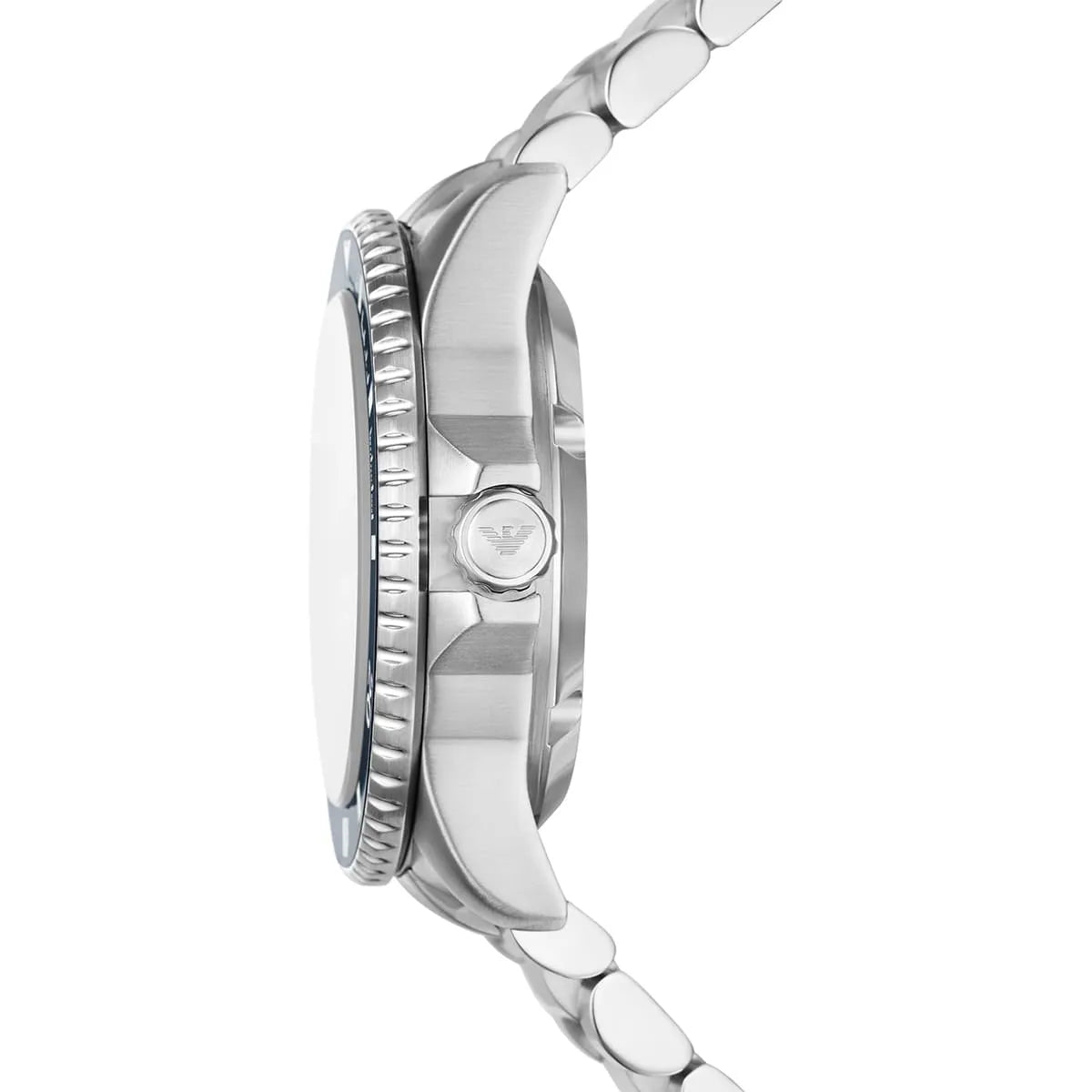 Side profile of Sea Explorer watch showing case depth and stainless steel bracelet