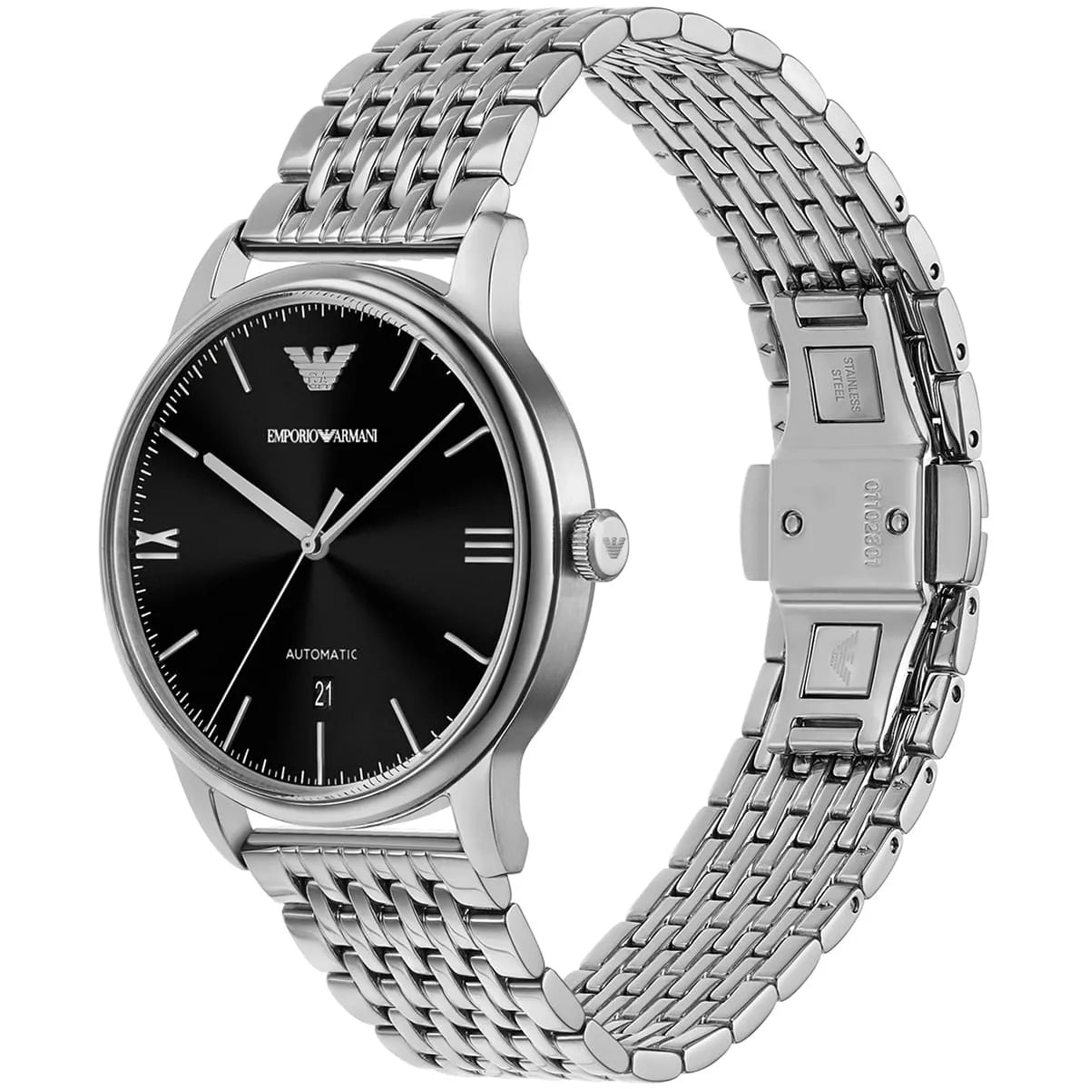 AR60081 watch displayed front and side view showing black dial and metal bracelet